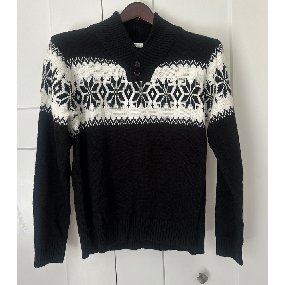 H2H Mens Shawl Collar Fair Isle Snowflake Sweater Black White Size L